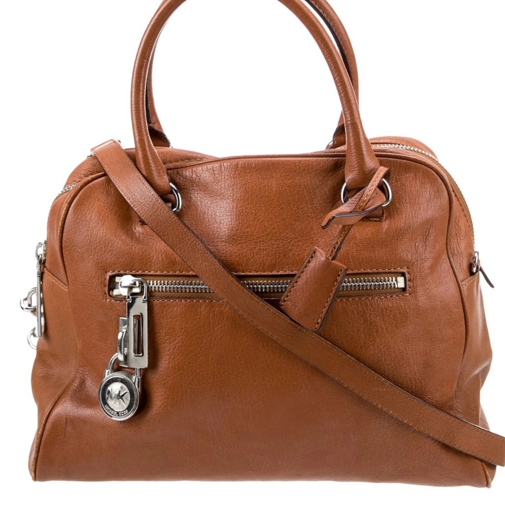 Michael Kors Fulton Brown Leather Large Satchel Lock & Key Silver Hardware